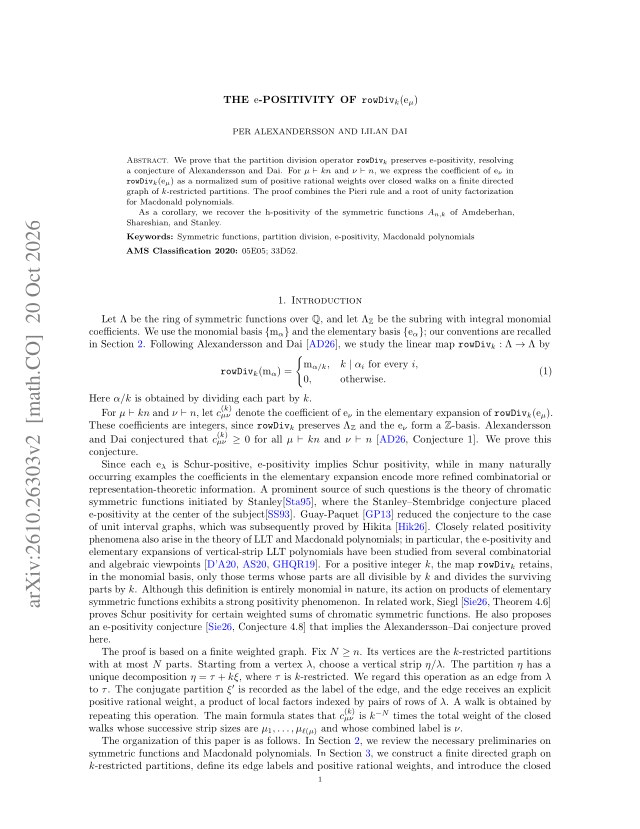 First page of The e-positivity of $\mathrm{rowDiv}_k(e_μ)$