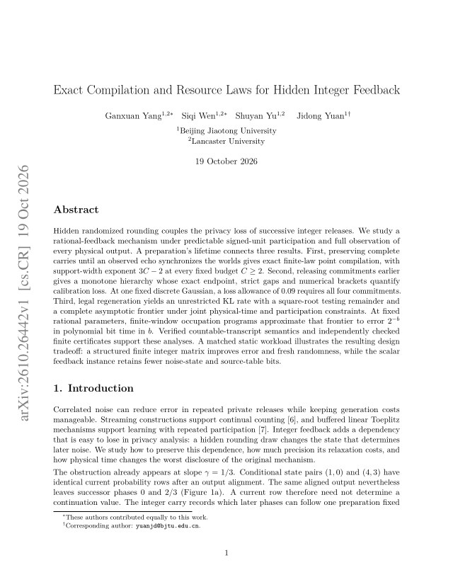 First page of Exact Compilation and Resource Laws for Hidden Integer Feedback