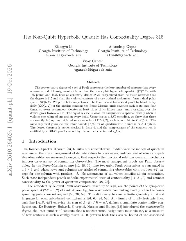 First page of The Four-Qubit Hyperbolic Quadric Has Contextuality Degree 315