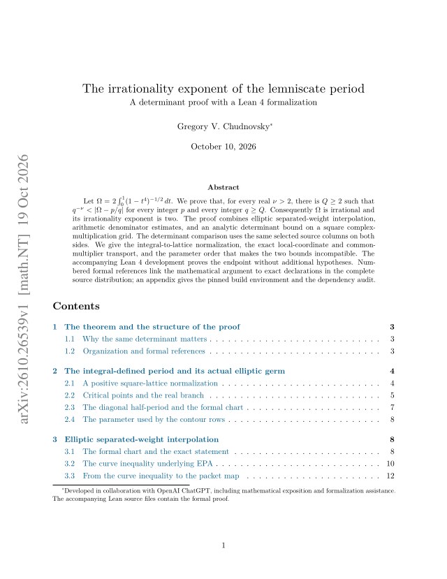 First page of The irrationality exponent of the lemniscate period: A determinant proof with a Lean 4 formalization