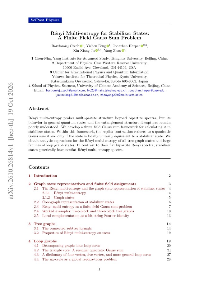 First page of Rényi Multi-entropy for Stabilizer States: A Finite Field Gauss Sum Problem