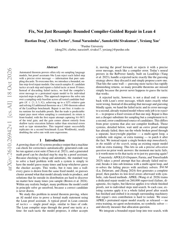 First page of Fix, Not Just Resample: Bounded Compiler-Guided Repair in Lean 4