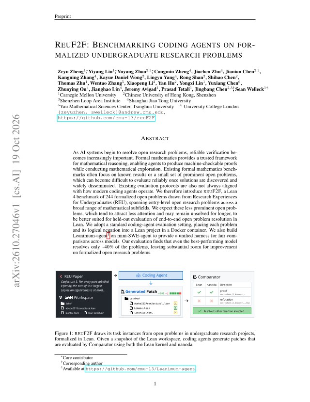 First page of ReuF2F: Benchmarking Coding Agents on Formalized Undergraduate Research Problems