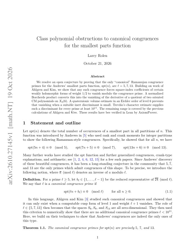 First page of Class polynomial obstructions to canonical congruences for the smallest parts function