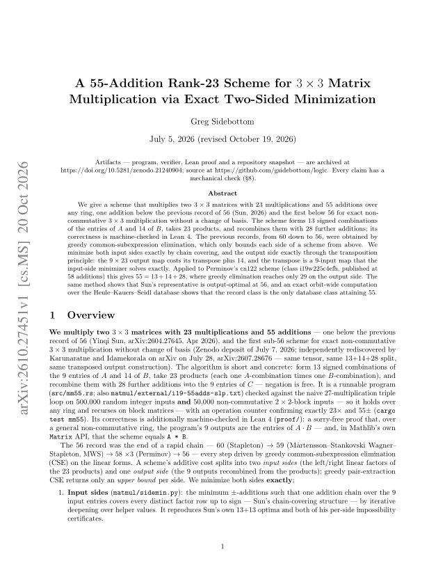 First page of A 55-Addition Rank-23 Scheme for $3\times3$ Matrix Multiplication via Exact Two-Sided Minimization