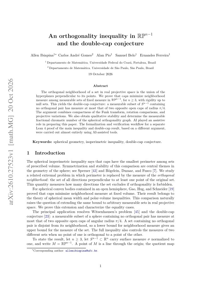 First page of An orthogonality inequality in $\mathbb{RP}^{n-1}$ and the double-cap conjecture