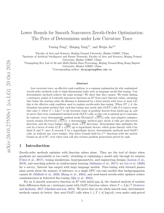 First page of Lower Bounds for Smooth Nonconvex Zeroth-Order Optimization: The Price of Determinism under Low Curvature Trace