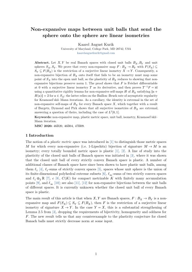 First page of Non-expansive maps between unit balls that send the sphere onto the sphere are linear isometries