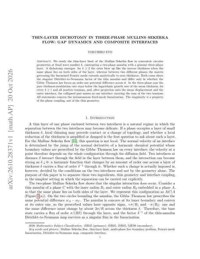 First page of Thin-Layer Dichotomy in Three-Phase Mullins-Sekerka Flow: Gap Dynamics and Composite Interfaces