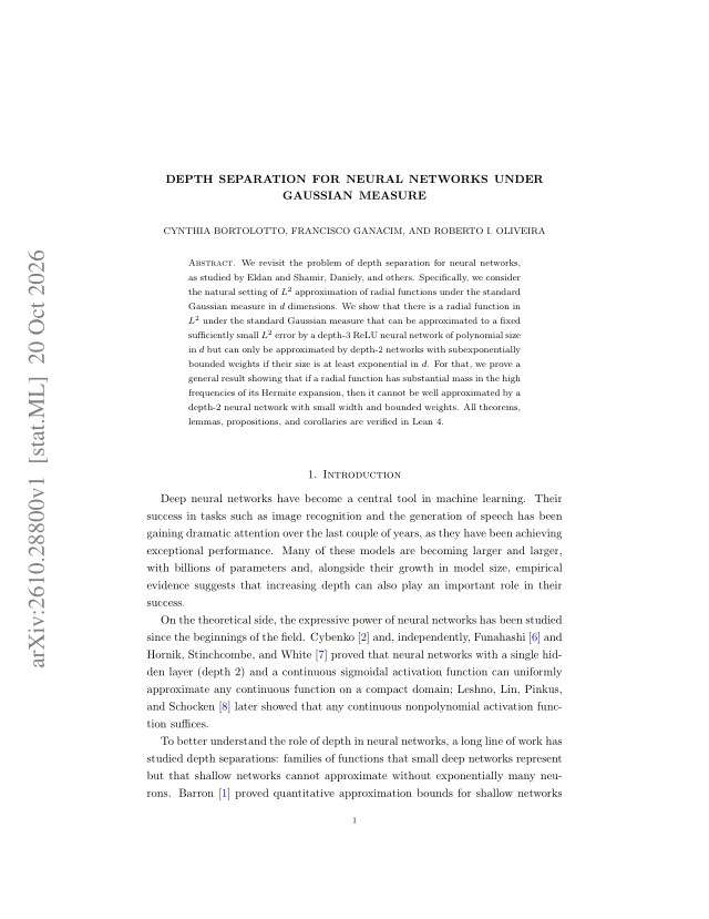First page of Depth Separation for Neural Networks under Gaussian Measure