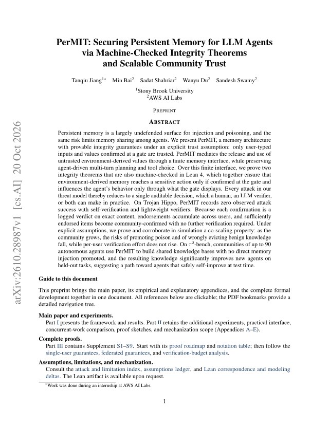 First page of PerMIT: Securing Persistent Memory for LLM Agents via Machine-Checked Integrity Theorems and Scalable Community Trust