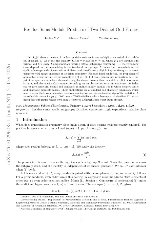 First page of Residue Sums Modulo Products of Two Distinct Odd Primes