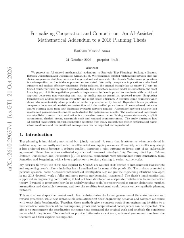 First page of Formalizing Cooperation and Competition: An AI-Assisted Mathematical Addendum to a 2018 Planning Thesis