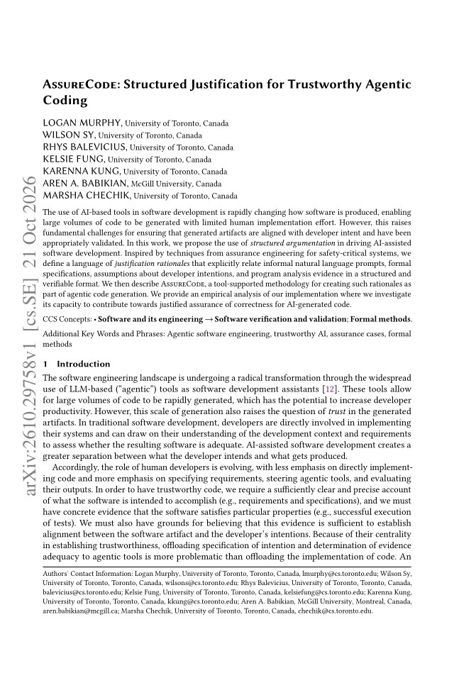 First page of AssureCode: Structured Justification for Trustworthy Agentic Coding