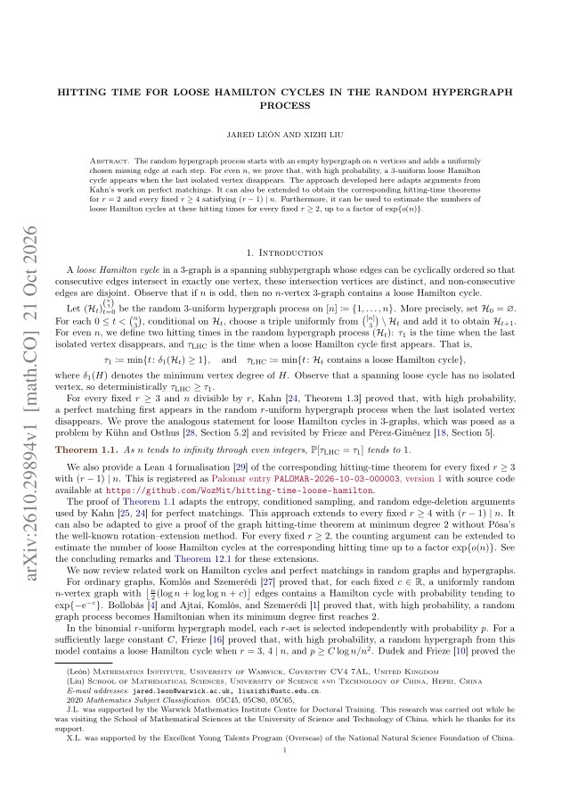 First page of Hitting time for loose Hamilton cycles in the random hypergraph process