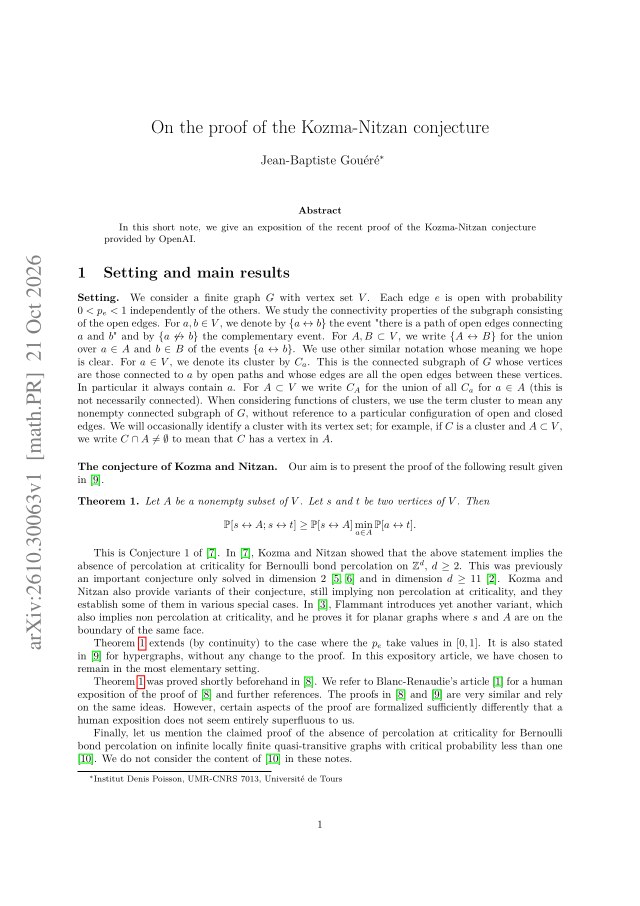 First page of On the proof of the Kozma-Nitzan conjecture