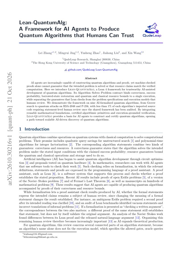 First page of Lean-QuantumAlg: A Framework for AI Agents to Produce Quantum Algorithms that Humans Can Trust