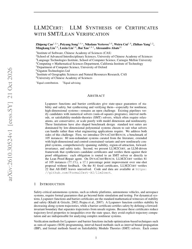 First page of LLM2Cert: LLM Synthesis of Certificates with SMT/Lean Verification