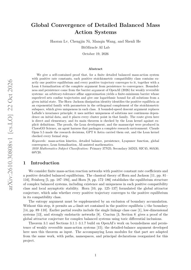 First page of Global Convergence of Detailed Balanced Mass Action Systems