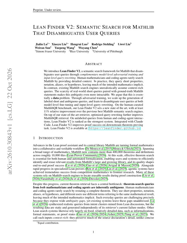 First page of Lean Finder V2: Semantic Search for Mathlib That Disambiguates User Queries