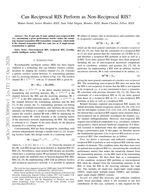 First page of Can Reciprocal RIS Perform as Non-Reciprocal RIS?
