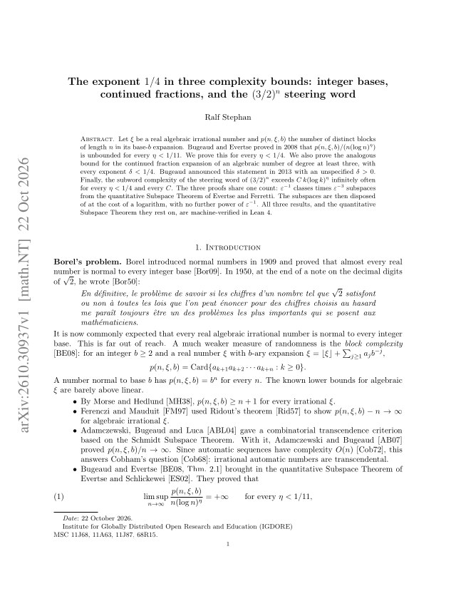 First page of The exponent $1/4$ in three complexity bounds: integer bases, continued fractions, and the $(3/2)^n$ steering word