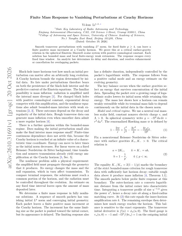 First page of Finite Mass Response to Vanishing Perturbations at Cauchy Horizons
