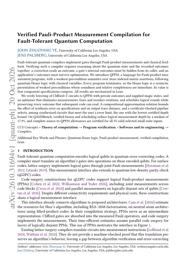 First page of Verified Pauli-Product Measurement Compilation for Fault-Tolerant Quantum Computation