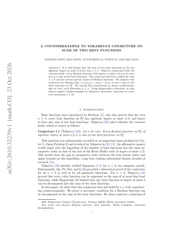 First page of A counterexample to Tokareva's conjecture on sums of two bent functions