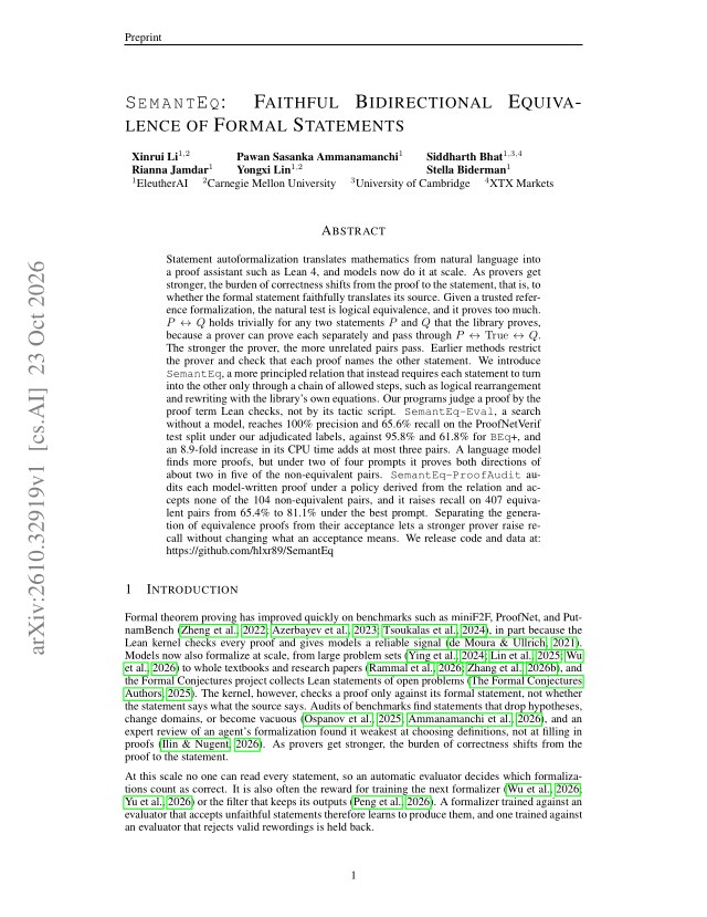 First page of SemantEq: Faithful Bidirectional Equivalence of Formal Statements