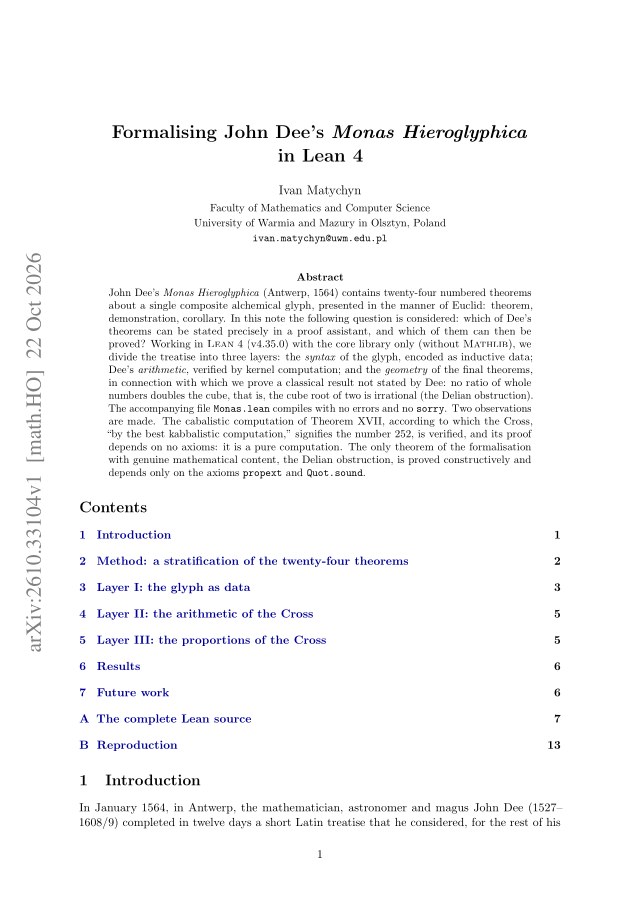 First page of Formalising John Dee's Monas Hieroglyphica in Lean 4