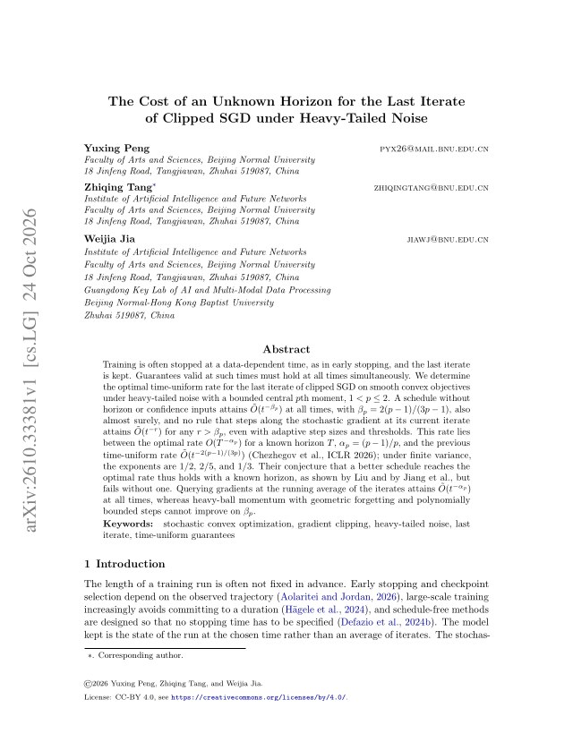 First page of The Cost of an Unknown Horizon for the Last Iterate of Clipped SGD under Heavy-Tailed Noise