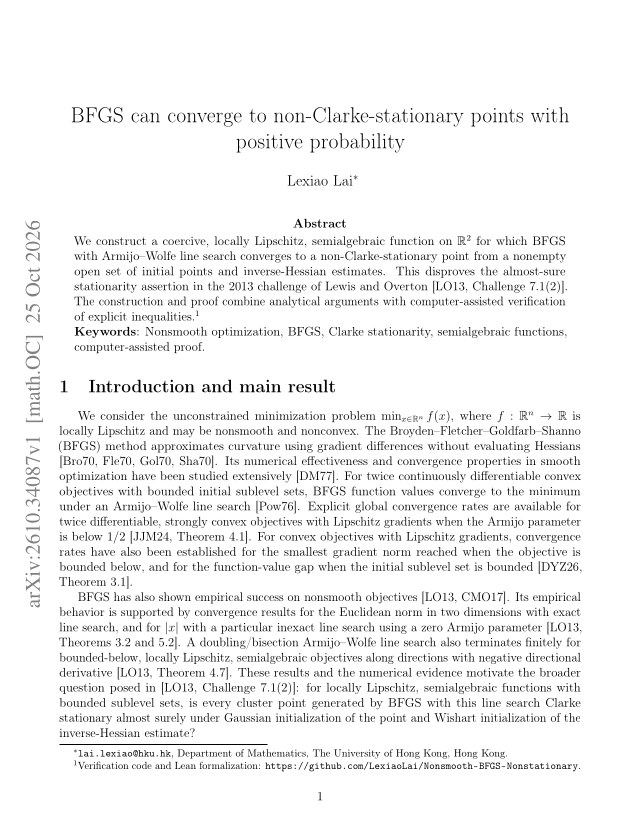 First page of BFGS can converge to non-Clarke-stationary points with positive probability