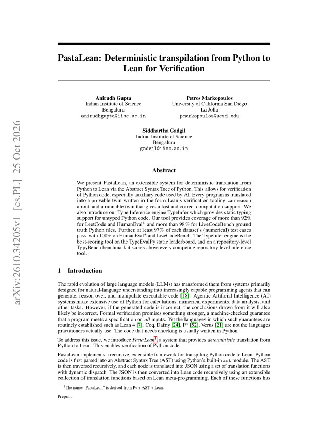 First page of PastaLean: Deterministic transpilation from Python to Lean for Verification