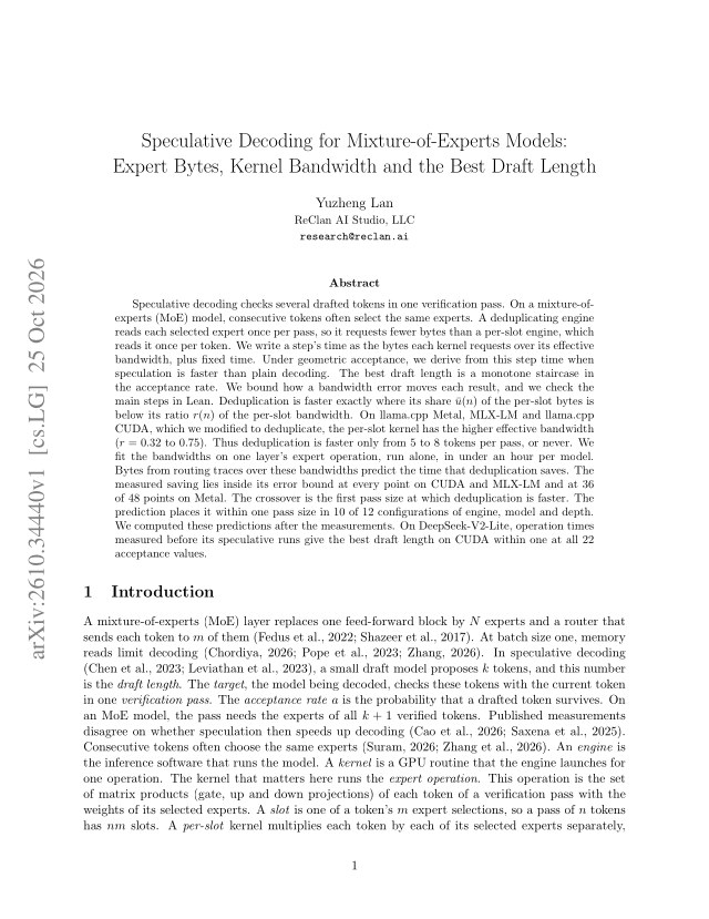 First page of Speculative Decoding for Mixture-of-Experts Models: Expert Bytes, Kernel Bandwidth and the Best Draft Length