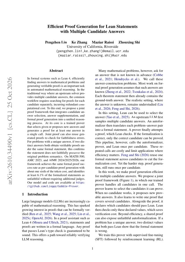 First page of Efficient Proof Generation for Lean Statements with Multiple Candidate Answers