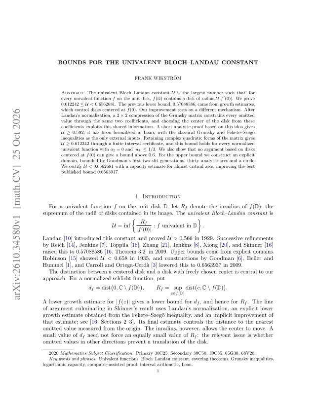 First page of Bounds for the univalent Bloch-Landau constant