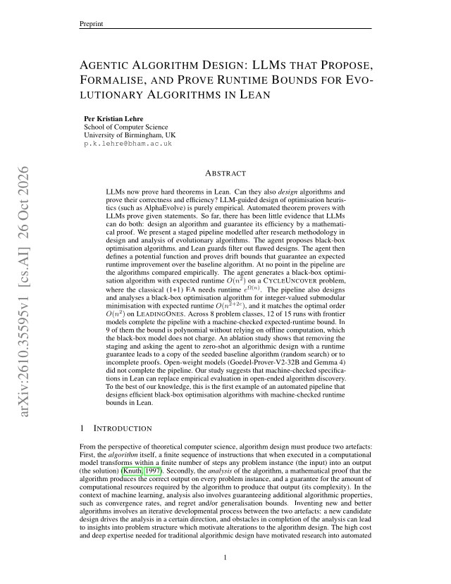 First page of Agentic Algorithm Design: LLMs that Propose, Formalise, and Prove Runtime Bounds for Evolutionary Algorithms in Lean