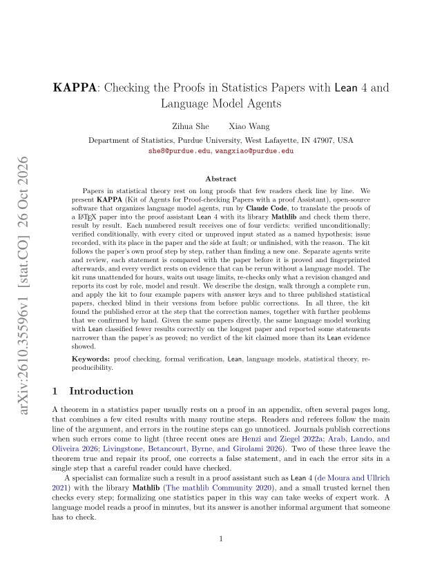 First page of KAPPA: Checking the Proofs in Statistics Papers with Lean 4 and Language Model Agents