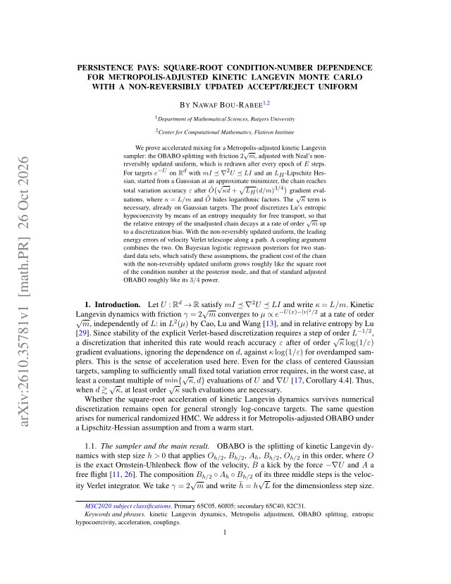 First page of Persistence Pays: Square-root condition-number dependence for Metropolis-adjusted kinetic Langevin Monte Carlo with a non-reversibly updated accept/reject uniform