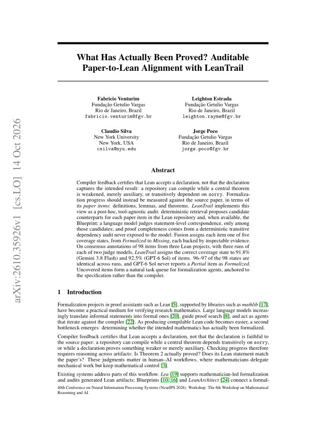 First page of What Has Actually Been Proved? Auditable Paper-to-Lean Alignment with LeanTrail
