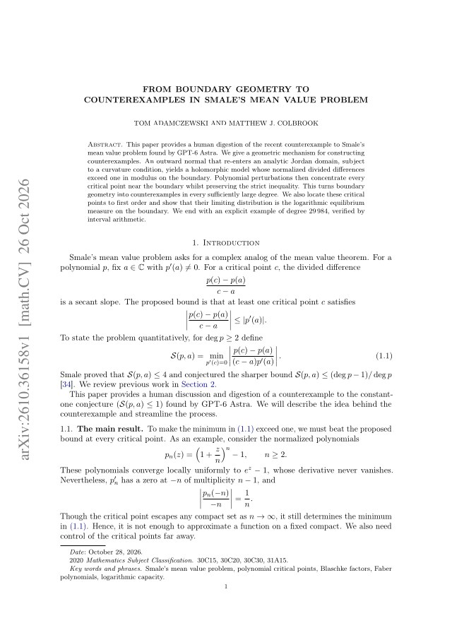 First page of From boundary geometry to counterexamples in Smale's mean value problem