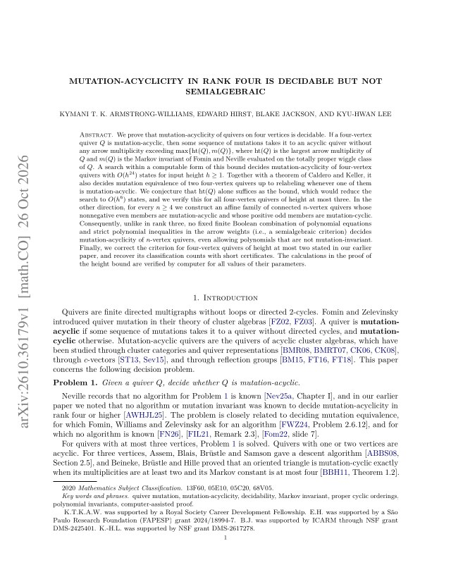 First page of Mutation-acyclicity in rank four is decidable but not semialgebraic