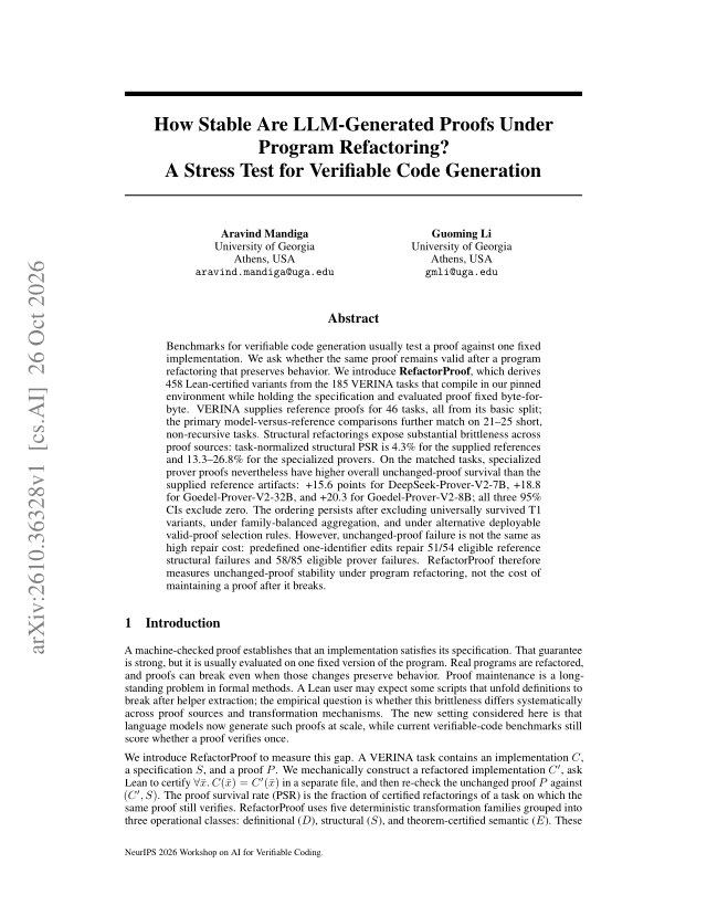 First page of How Stable Are LLM-Generated Proofs Under Program Refactoring? A Stress Test for Verifiable Code Generation