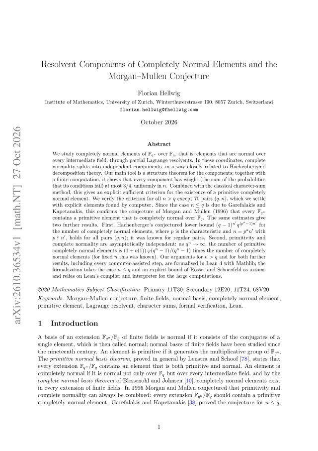 First page of Resolvent Components of Completely Normal Elements and the Morgan-Mullen Conjecture