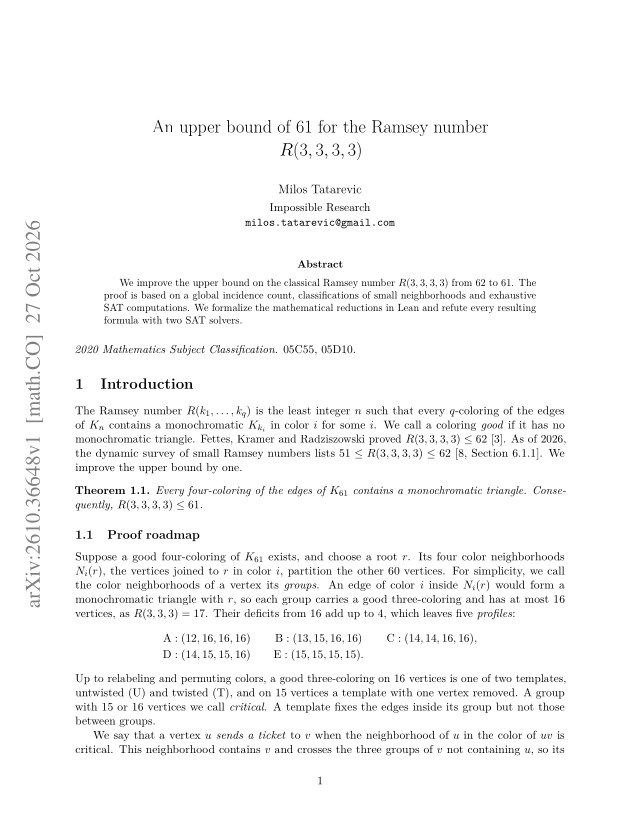 First page of An upper bound of 61 for the Ramsey number $R(3,3,3,3)$