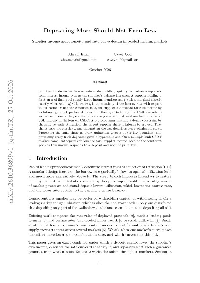 First page of Depositing More Should Not Earn Less: Supplier Income Monotonicity and Rate Curve Design in Pooled Lending Markets