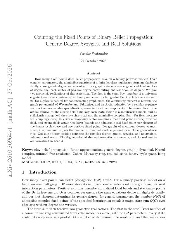 First page of Counting the Fixed Points of Binary Belief Propagation: Generic Degree, Syzygies, and Real Solutions