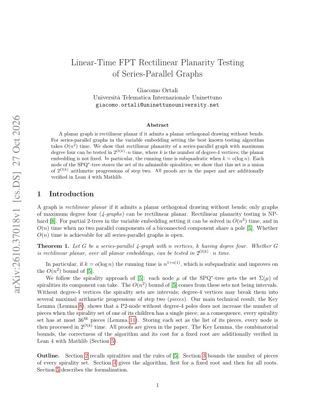 First page of Linear-Time FPT Rectilinear Planarity Testing of Series-Parallel Graphs