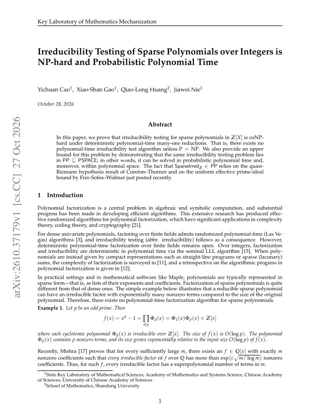 First page of Irreducibility Testing of Sparse Polynomials over Integers is NP-hard and Probabilistic Polynomial Time